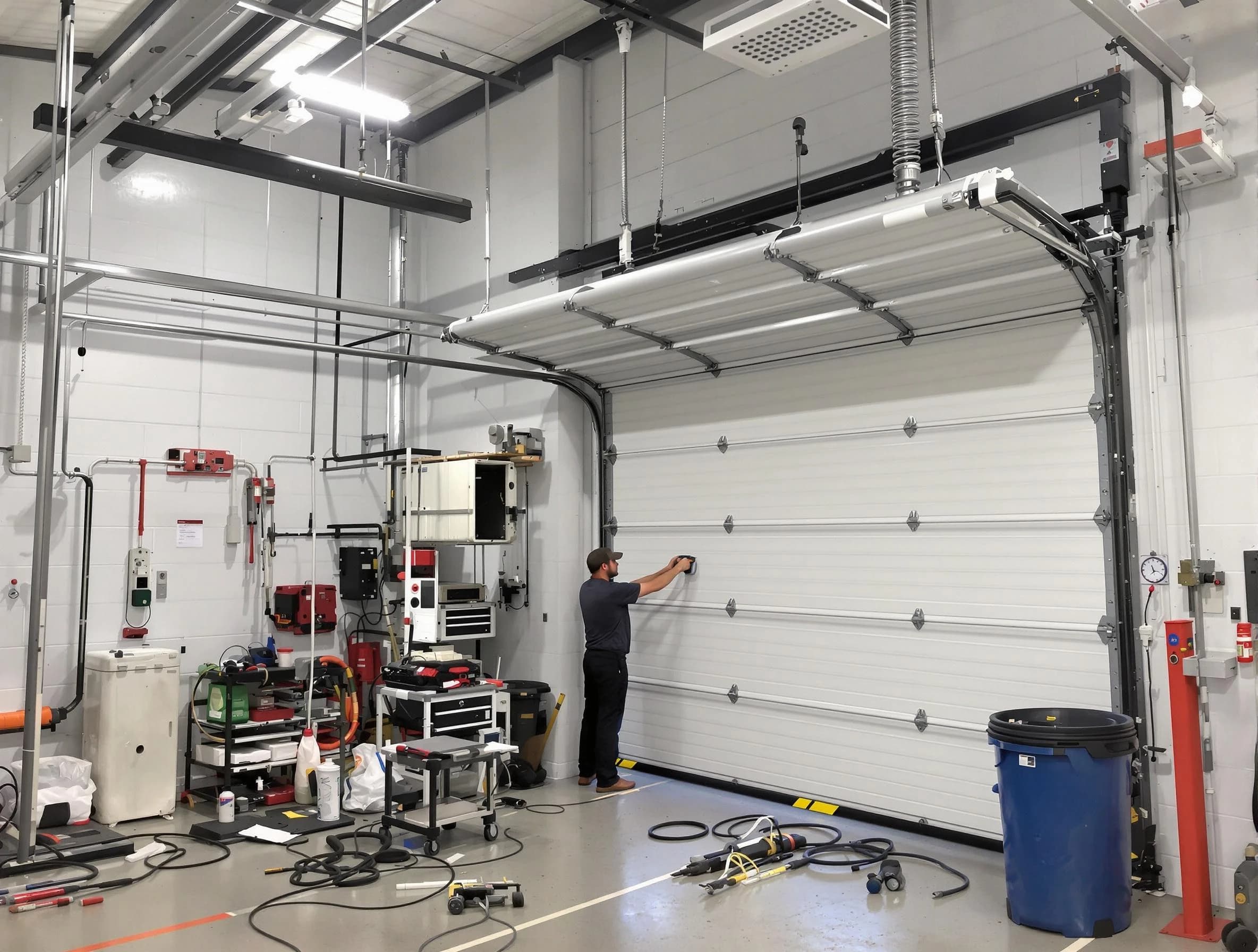 Clearfield Garage Door Repair certified technician performing commercial door repair at a Clearfield business facility