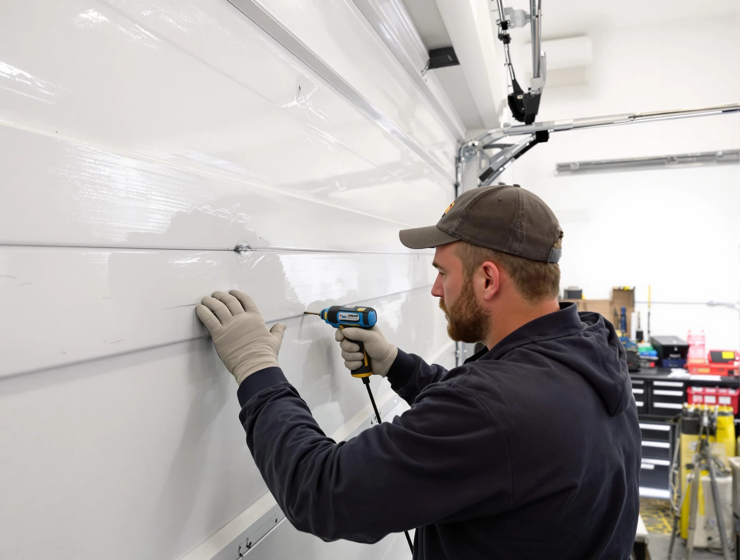 Clearfield Garage Door Repair technician demonstrating precision dent removal techniques on a Clearfield garage door