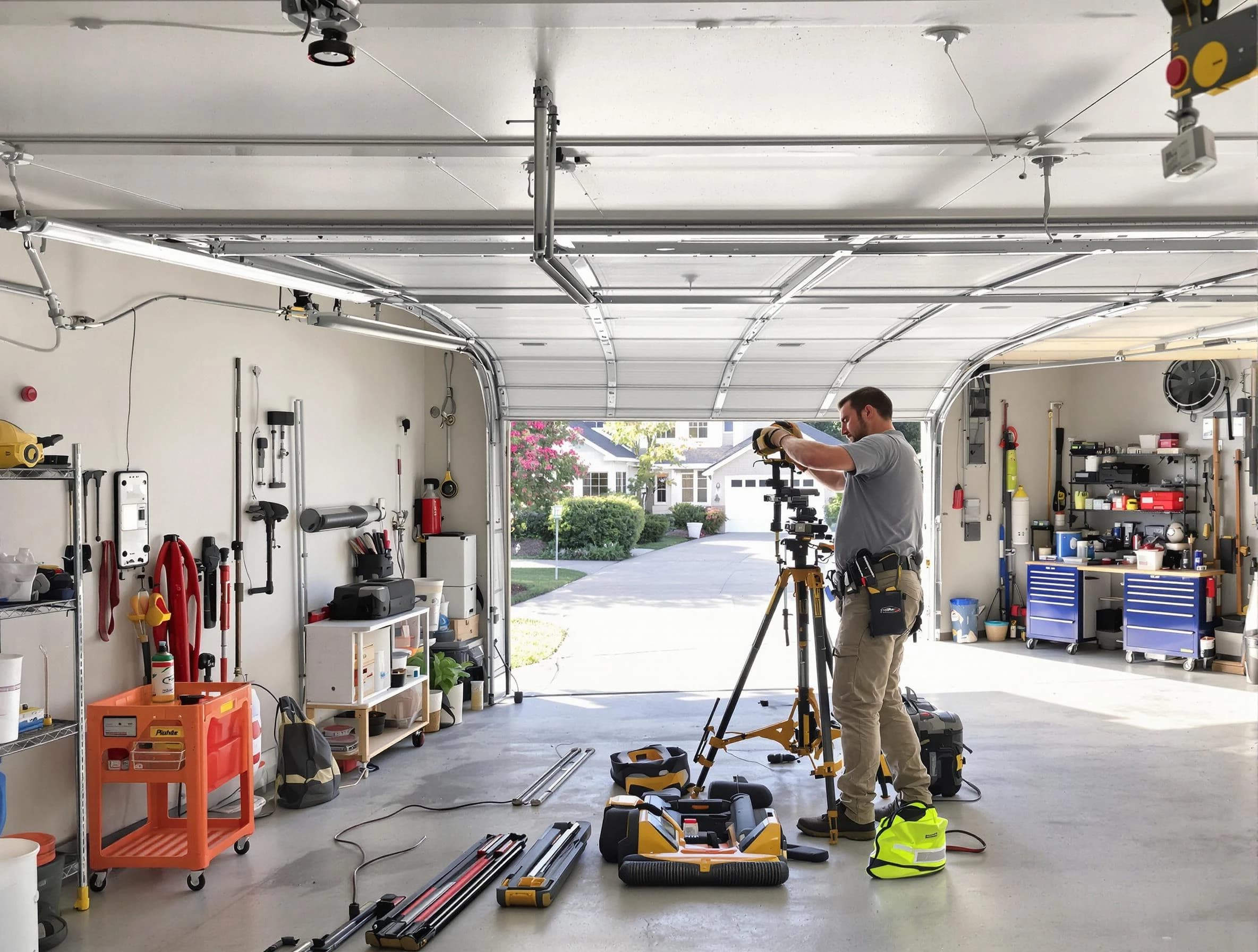 Clearfield Garage Door Repair specialist performing laser-guided track alignment in Clearfield